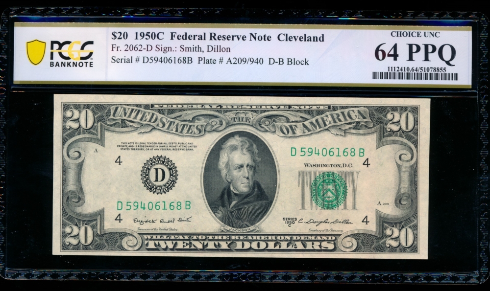 Fr. 2062-D 1950C $20  Federal Reserve Note Cleveland PCGS 64PPQ D59406168B