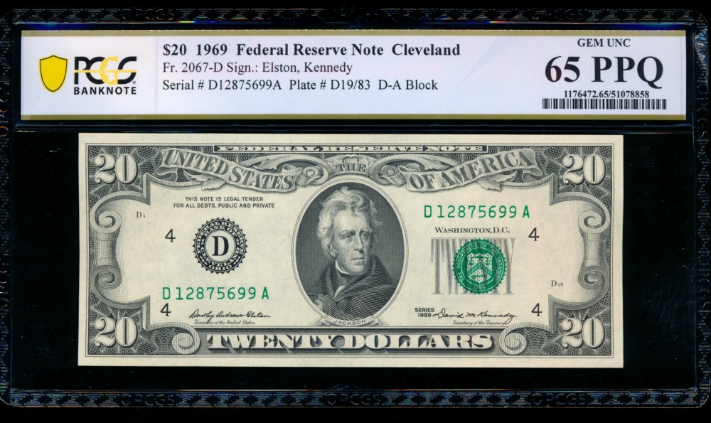 Fr. 2067-D 1969 $20  Federal Reserve Note Cleveland PCGS 65PPQ D12875699A