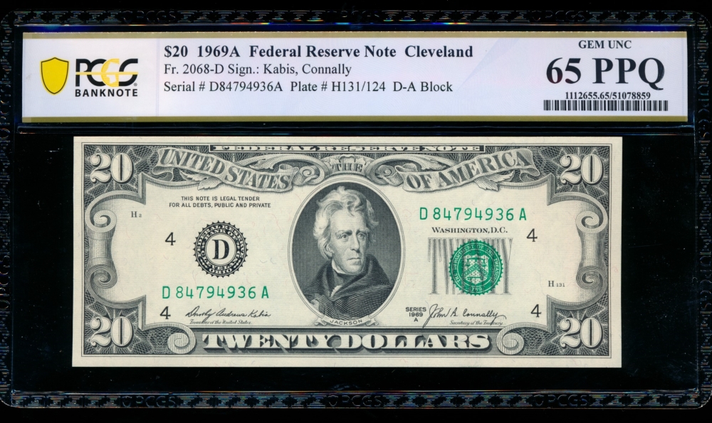 Fr. 2068-D 1969A $20  Federal Reserve Note Cleveland PCGS 65PPQ D84794936A