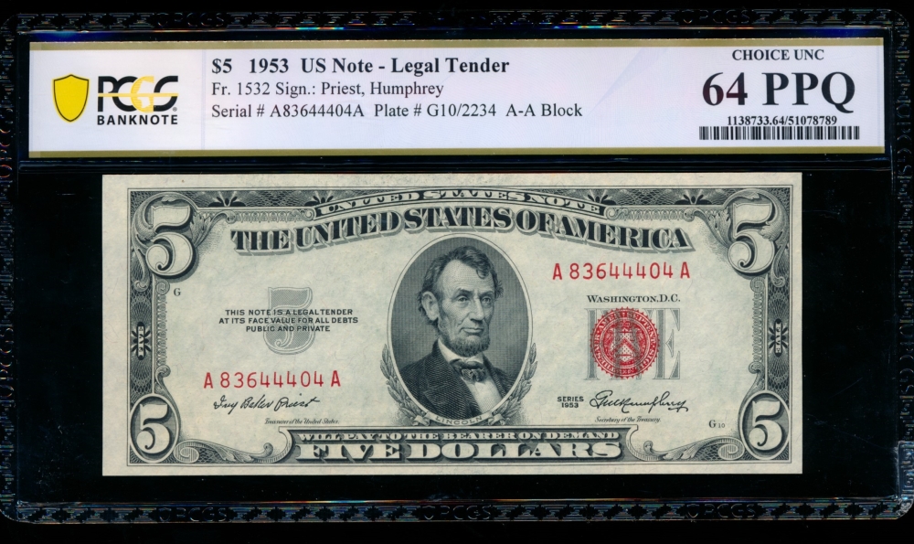 Fr. 1532 1953 $5  Legal Tender AA block PCGS 64PPQ A83644404A