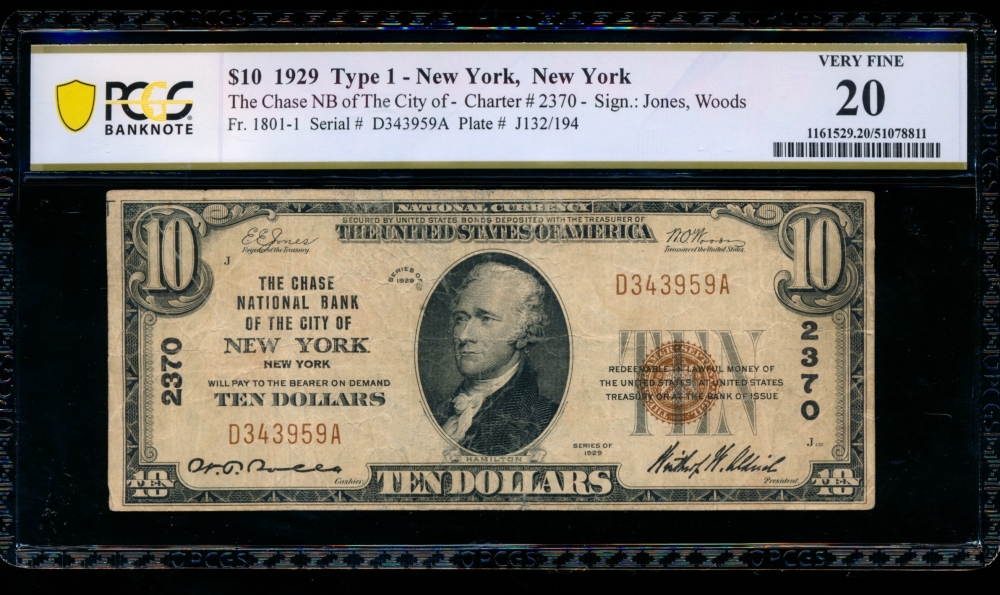 Fr. 1801-1 1929 $10  National: Type I Ch #2370 The Chase National Bank of the City of New York, New York PCGS 20 D343959A