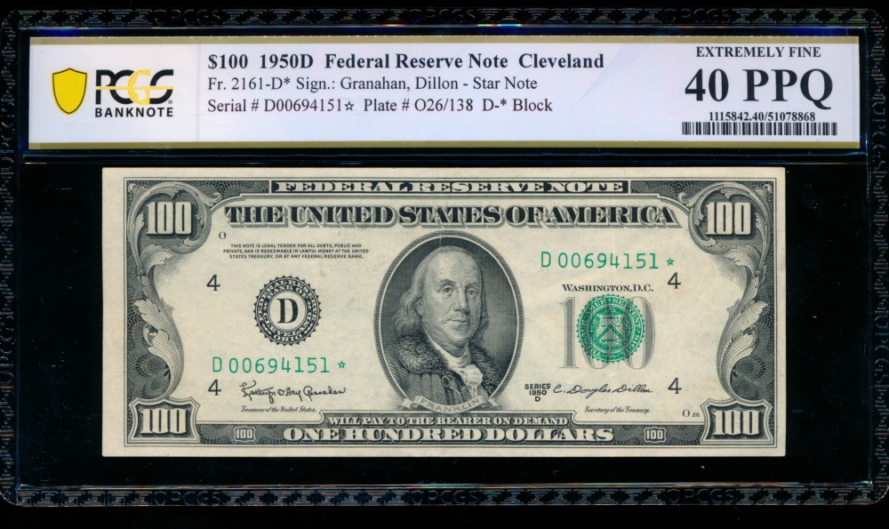 Fr. 2161-D 1950D $100  Federal Reserve Note Cleveland star PCGS 40PPQ D00694151*