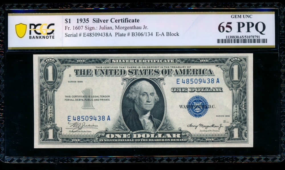 Fr. 1607 1935 $1  Silver Certificate EA block PCGS 65PPQ E48509438A