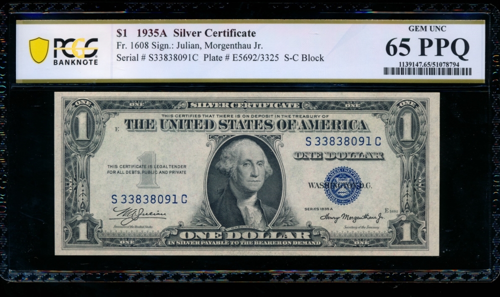 Fr. 1608 1935A $1  Silver Certificate SC block PCGS 65PPQ S33838091C