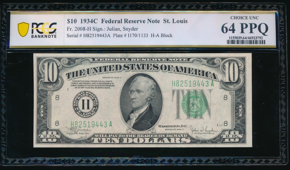 Fr. 2008-H 1934C $10  Federal Reserve Note Saint Louis PCGS 64PPQ H82519443A
