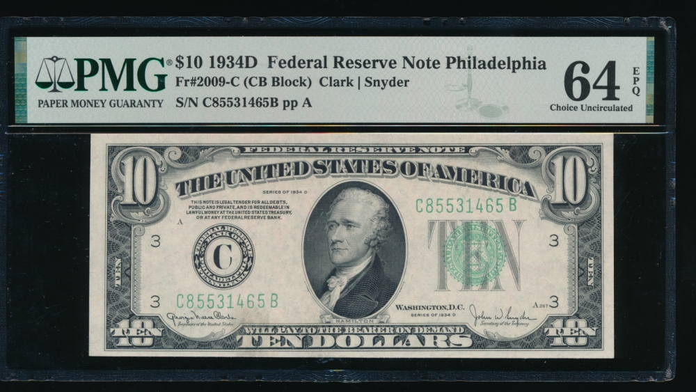 Fr. 2009-C 1934D $10  Federal Reserve Note Philadelphia PMG 64EPQ C85531465B
