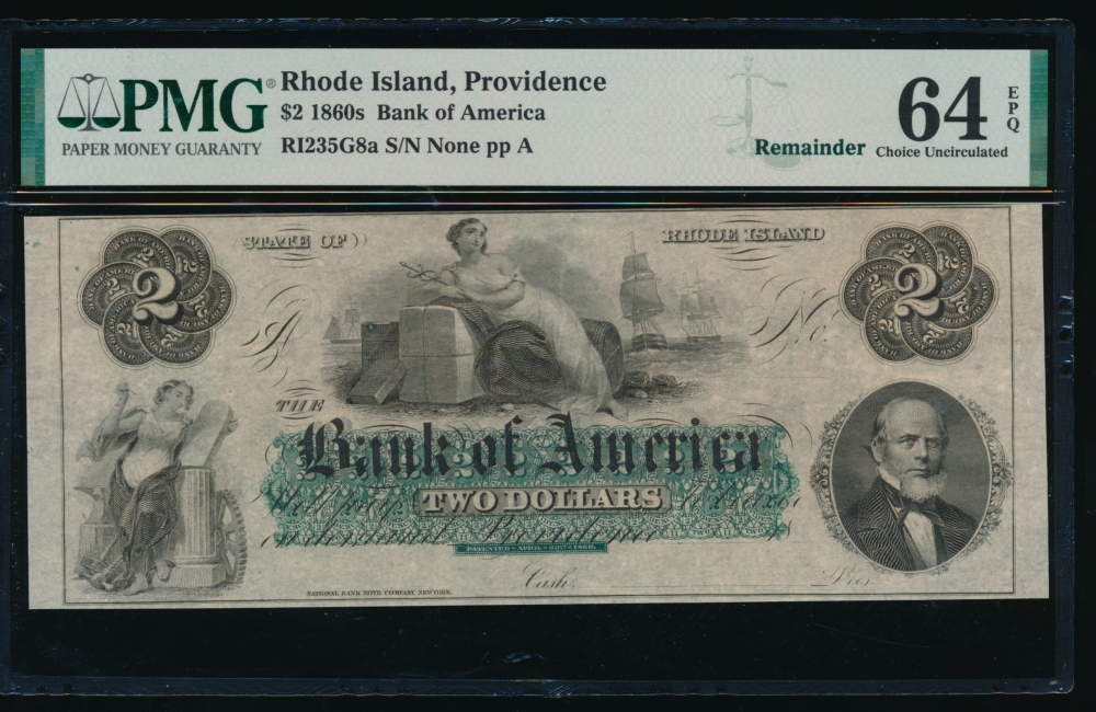 Fr. RI-235 G8a 1860s $2  Obsolete Bank of America, Rhode Island PMG 64EPQ no serial number
