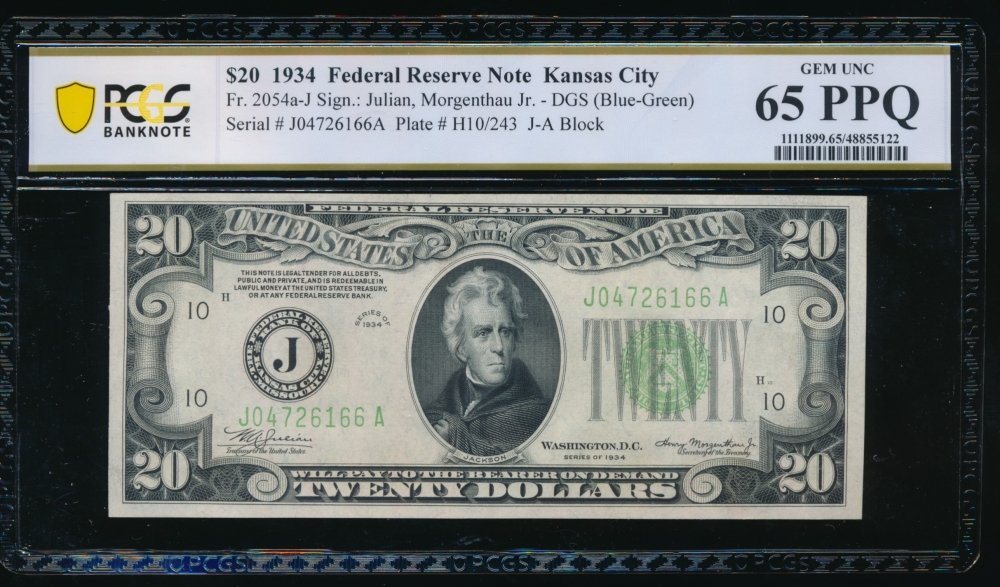 Fr. 2054-J 1934 $20  Federal Reserve Note Kansas City PCGS 65PPQ J04726166A