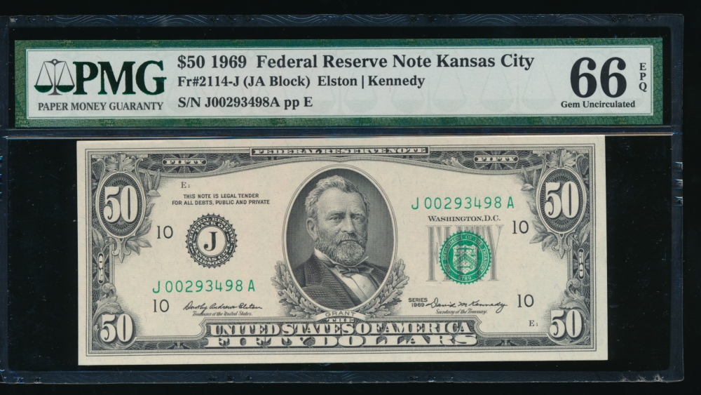 Fr. 2114-J 1969 $50  Federal Reserve Note Kansas City PMG 66EPQ J00293498A