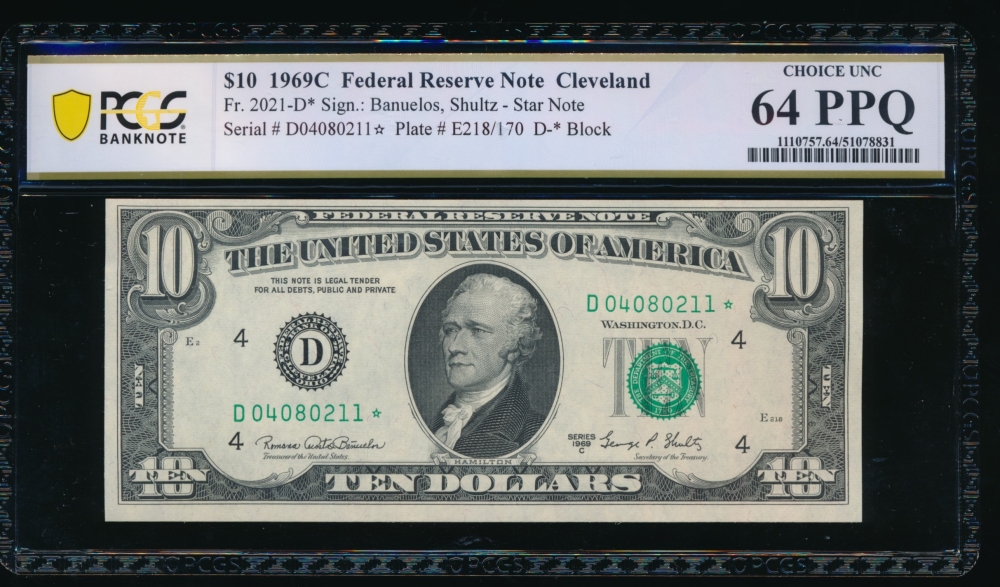 Fr. 2021-D 1969C  $10  Federal Reserve Note Cleveland star PCGS 64PPQ D04080211*
