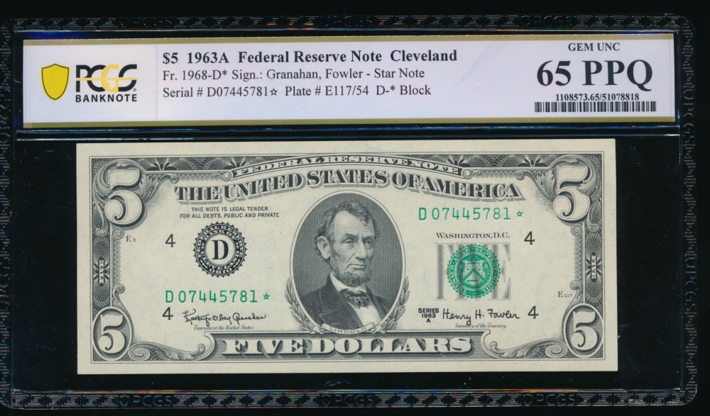 Fr. 1968-D 1963A $5  Federal Reserve Note Cleveland star PCGS 65PPQ D07445781*