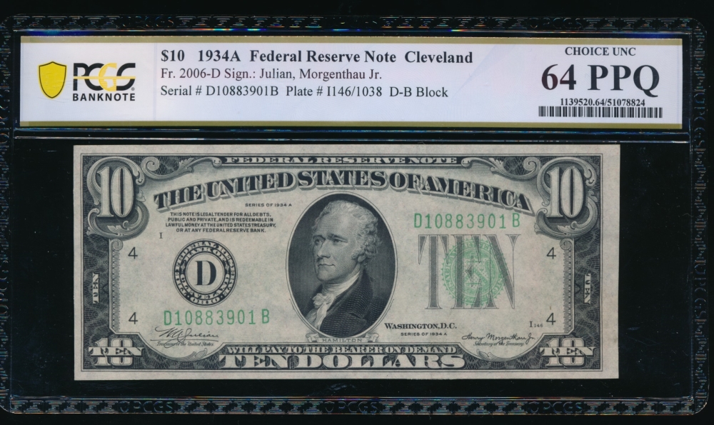 Fr. 2006-D 1934A $10  Federal Reserve Note Cleveland PCGS 64PPQ D10883901B