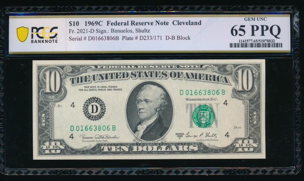 Fr. 2021-D 1969C  $10  Federal Reserve Note Cleveland PCGS 65PPQ D01663806B