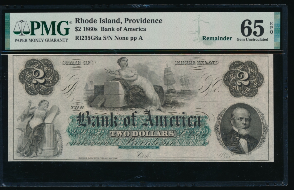 Fr. RI-235 G8a 1860s $2  Obsolete Bank of America, Rhode Island PMG 65EPQ no serial number