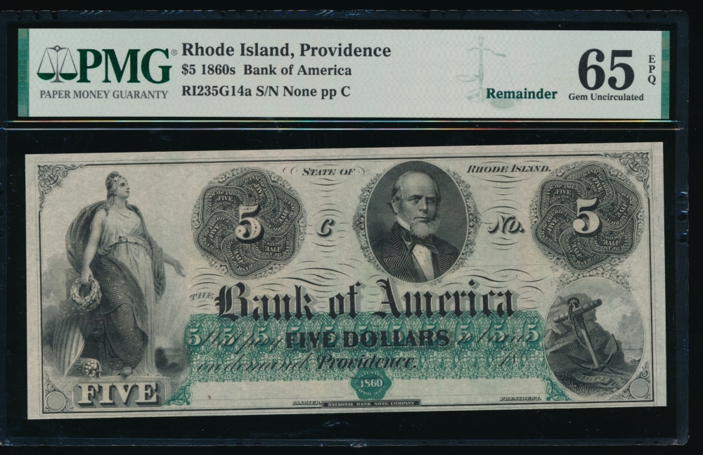 Fr. RI-235 G14 1860s $5  Obsolete Bank of America, Rhode Island PMG 65EPQ no serial number