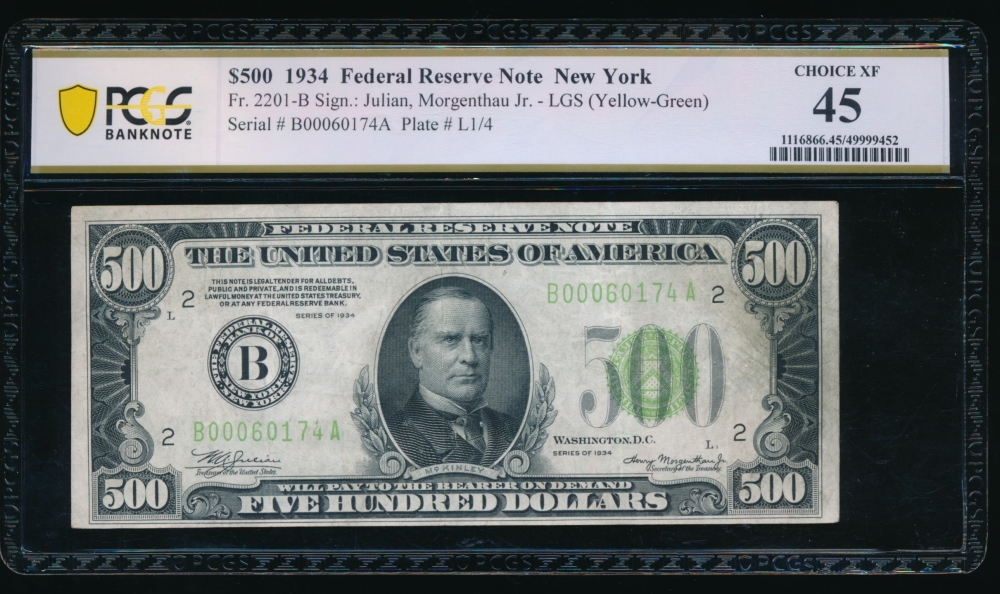 Fr. 2201-B 1934 $500  Federal Reserve Note New York LGS PCGS 45 comment B00060174A
