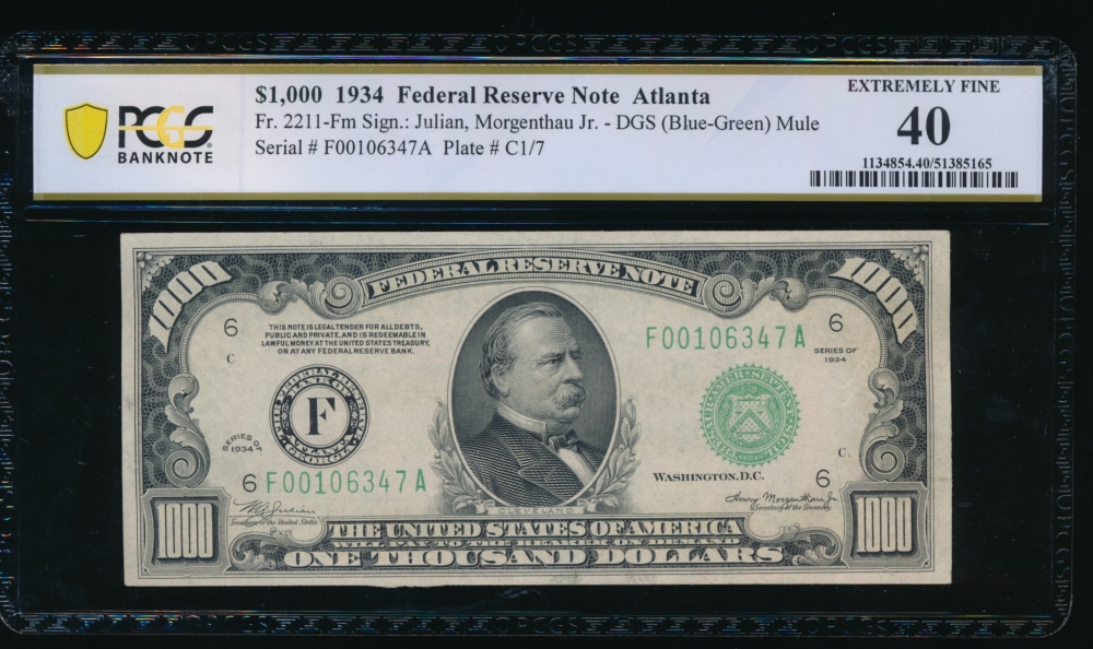 Fr. 2211-F 1934 $1,000  Federal Reserve Note Atlanta PCGS 40 F00106347A