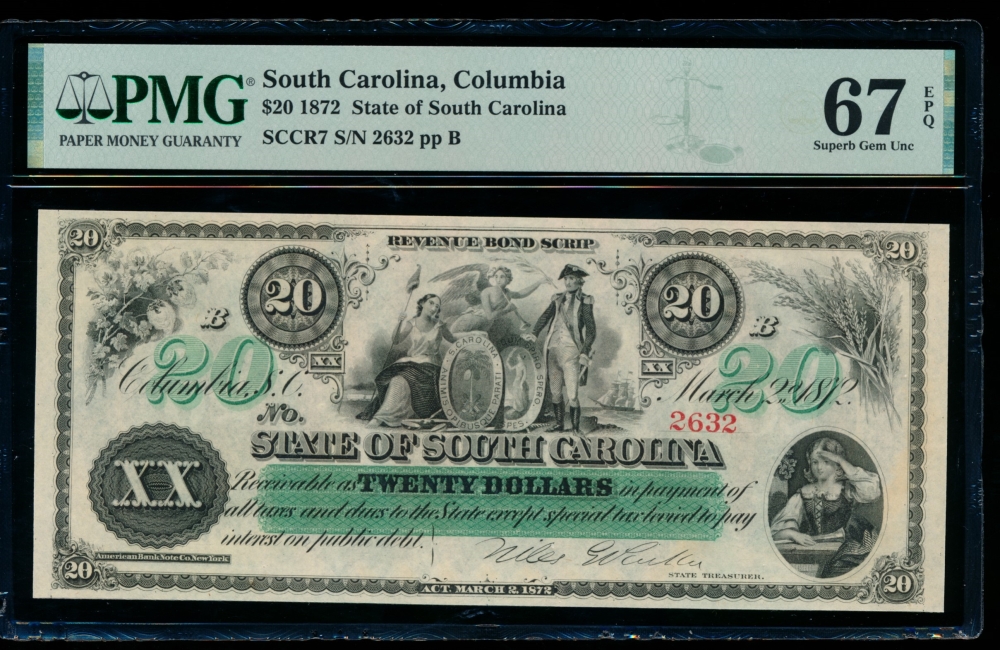 Fr. Cr SC-7 1872 $20  Obsolete State of South Carolina, Columbia, SC PMG 67EPQ 2632