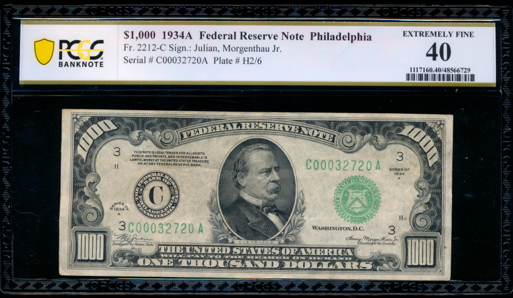 Fr. 2212-C 1934A $1,000  Federal Reserve Note Philadelphia PCGS 40 C00032720A
