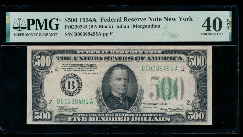 Fr. 2202-B 1934A $500  Federal Reserve Note New York PMG 40EPQ B00389495A