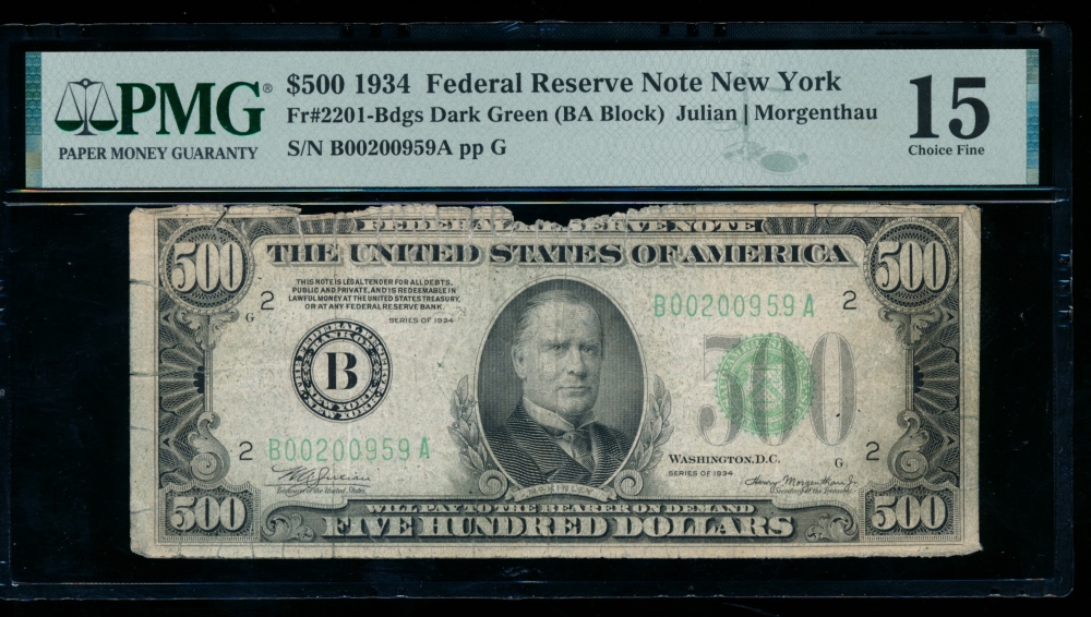 Fr. 2201-B 1934 $500  Federal Reserve Note New York PMG 15 comment B00200959A