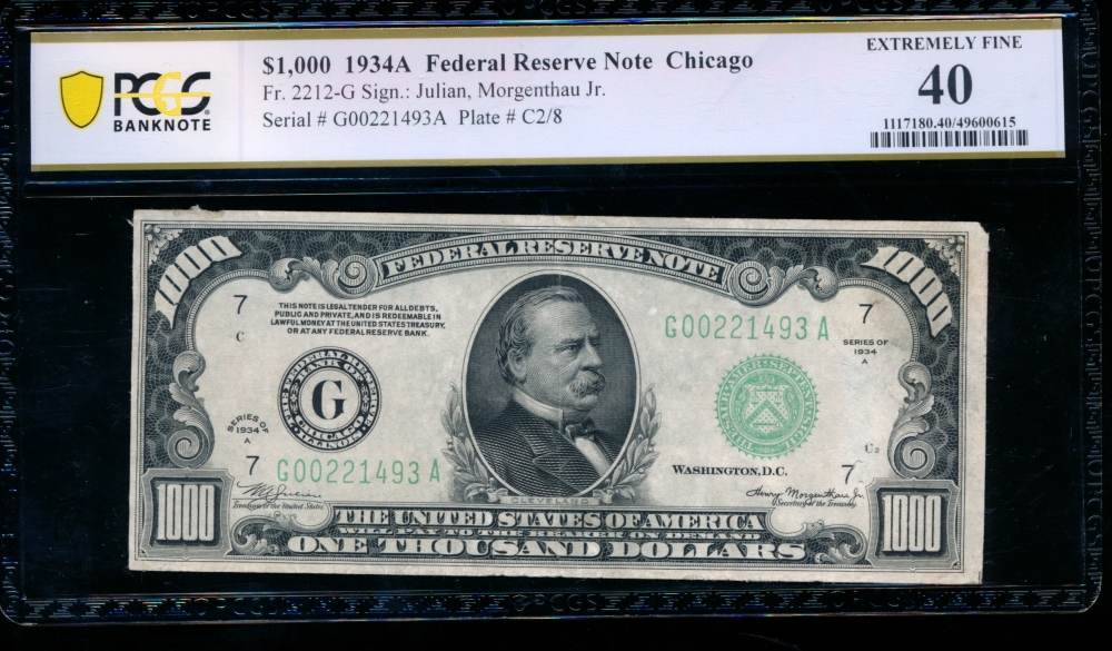 Fr. 2212-G 1934A $1,000  Federal Reserve Note Chicago PCGS 40 comment G00221493A
