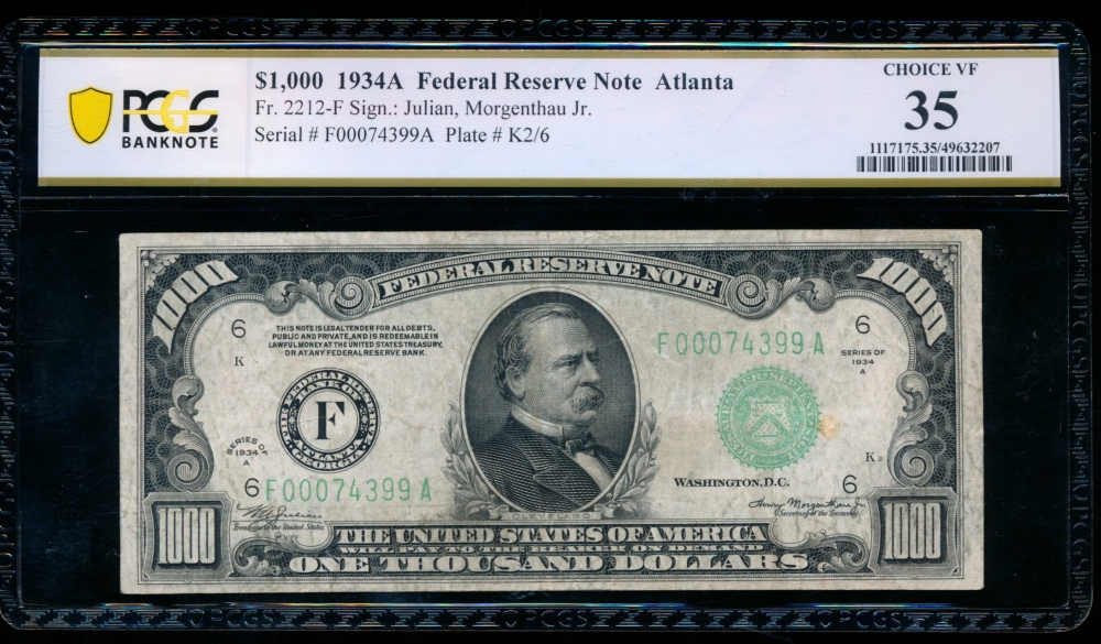 Fr. 2212-F 1934A $1,000  Federal Reserve Note Atlanta PCGS 35 comment F00074399A