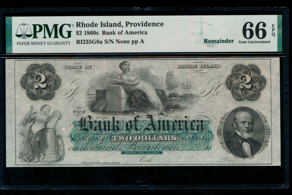 Fr. RI-235 G8a 1860s $2  Obsolete Bank of America, Rhode Island PMG 66EPQ no serial number