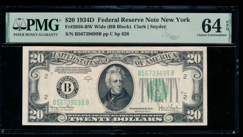 Fr. 2058-B 1934D $20  Federal Reserve Note Wide, BB block PMG 64EPQ B56739699B