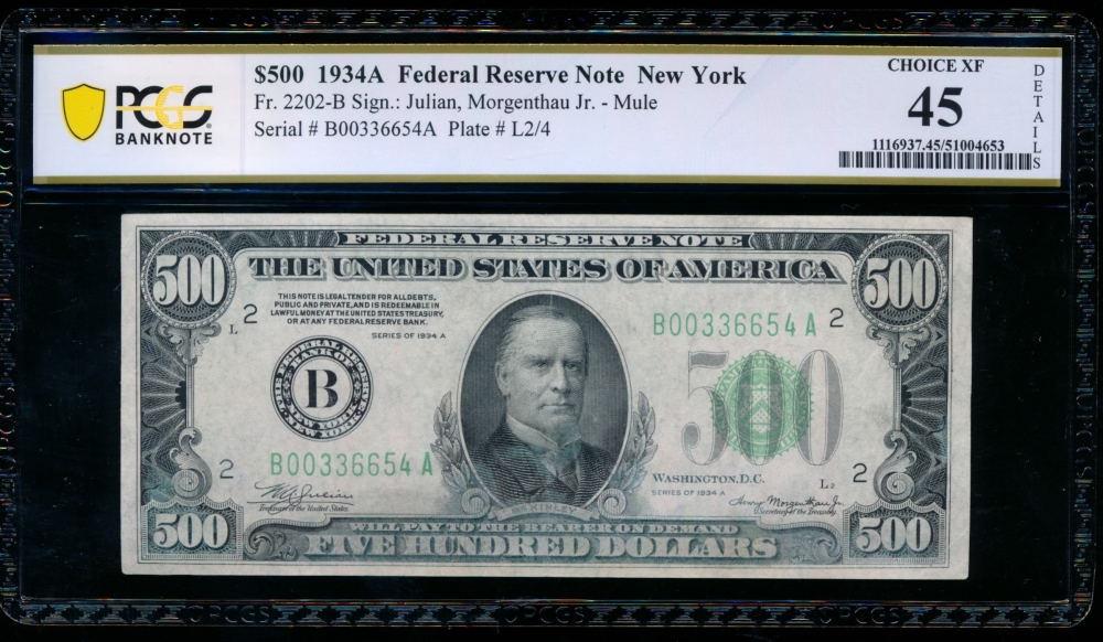 Fr. 2202-B 1934A $500  Federal Reserve Note New York PCGS 45 details B00336654A