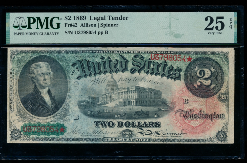 Fr. 42 1869 $2  Legal Tender  PMG 25EPQ U3798054