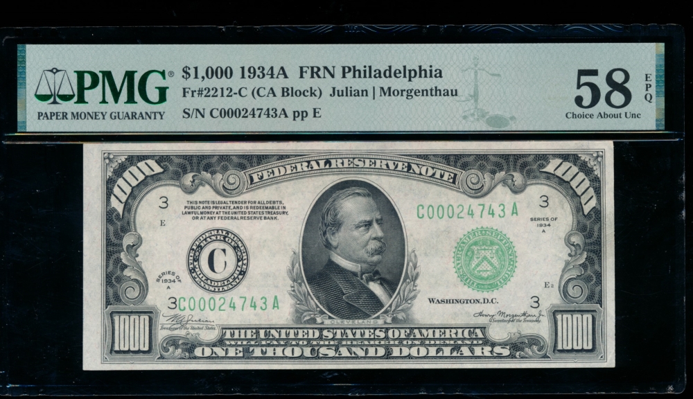 Fr. 2212-C 1934A $1,000  Federal Reserve Note Philadelphia PMG 58EPQ C00024743A