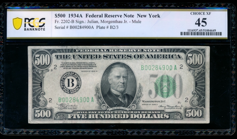 Fr. 2202-B 1934A $500  Federal Reserve Note New York PCGS 45 B00284900A