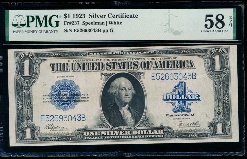Fr. 237 1923 $1  Silver Certificate EB block PMG 58EPQ E52693043B