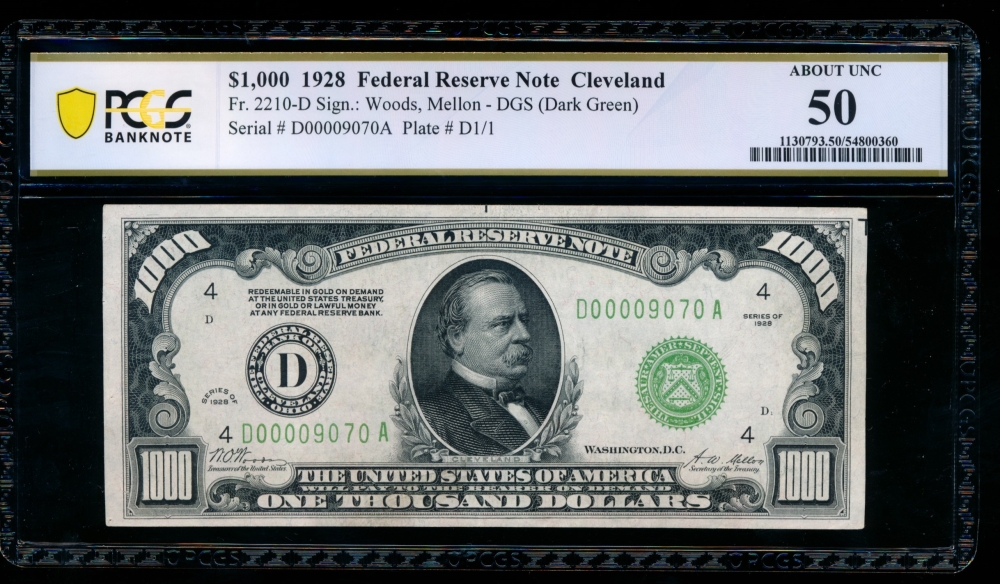 Fr. 2210-D 1928 $1,000  Federal Reserve Note Cleveland PCGS 50 comment D00009070A