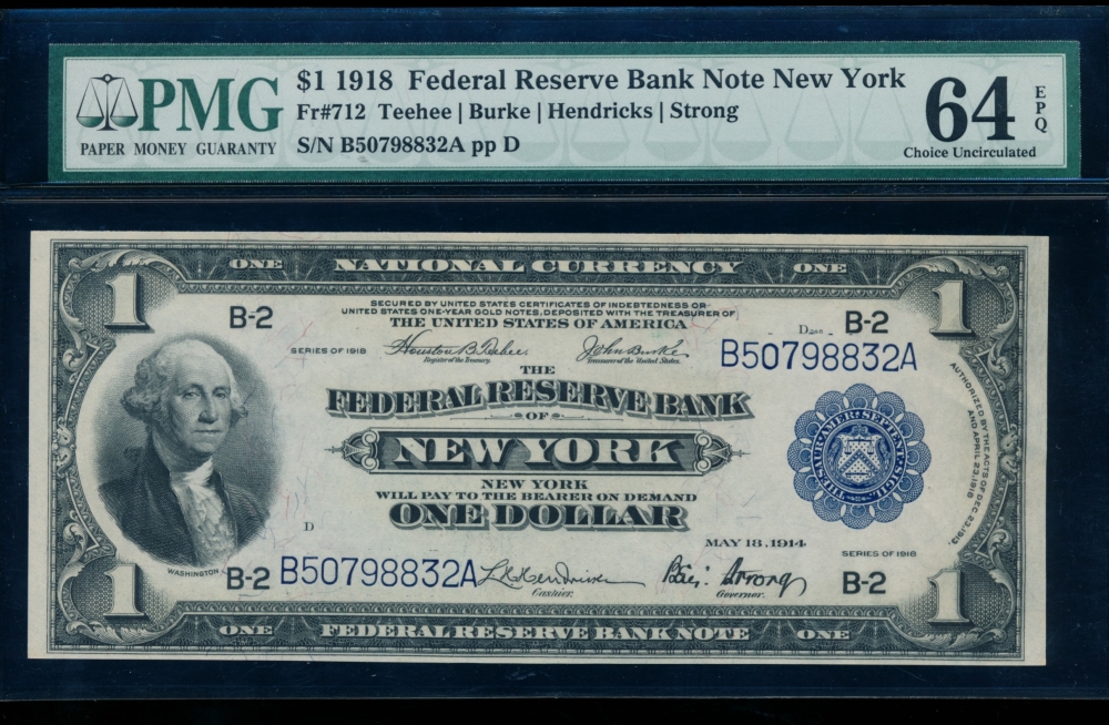 Fr. 712 1918 $1  FRBN New York PMG 64EPQ B50798832A