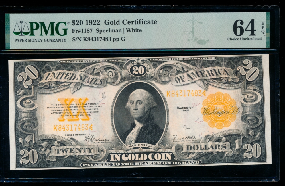 Fr. 1187 1922 $20  Gold Certificate  PMG 64EPQ K84317483