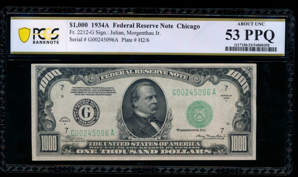 Fr. 2212-G 1934A $1,000  Federal Reserve Note Chicago PCGS 53PPQ G00245096A