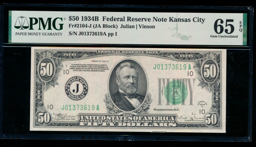Fr. 2104-J 1934B $50  Federal Reserve Note Kansas City PMG 65EPQ J01373619A