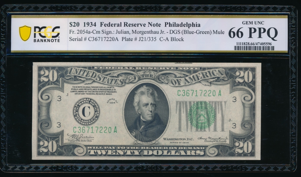 Fr. 2054-C 1934 $20  Federal Reserve Note Philadelphia PCGS 66PPQ C36717220A