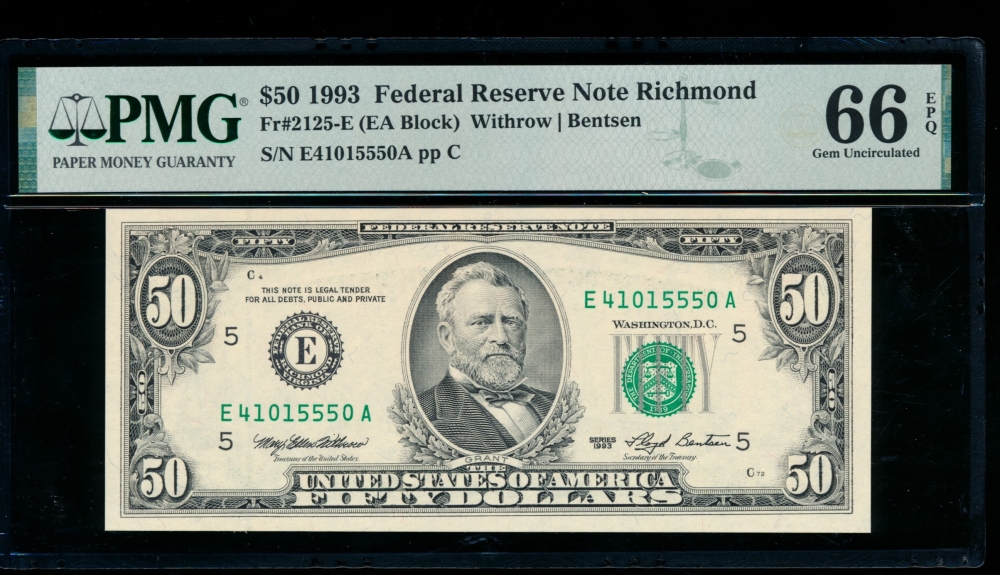 Fr. 2125-E 1993 $50  Federal Reserve Note Richmond PMG 66EPQ E41015550A