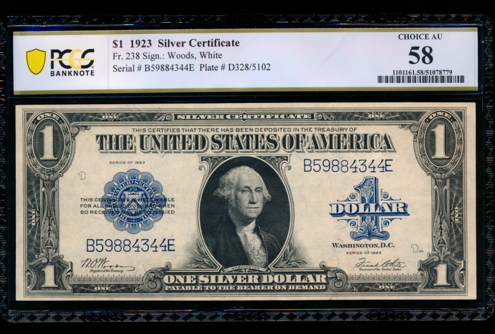 Fr. 238 1923 $1  Silver Certificate BE block PCGS 58 B59884344E