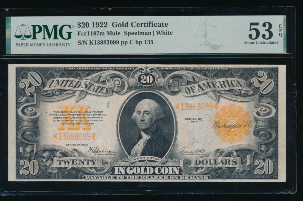 Fr. 1187 1922 $20  Gold Certificate mule PMG 53EPQ K13883099