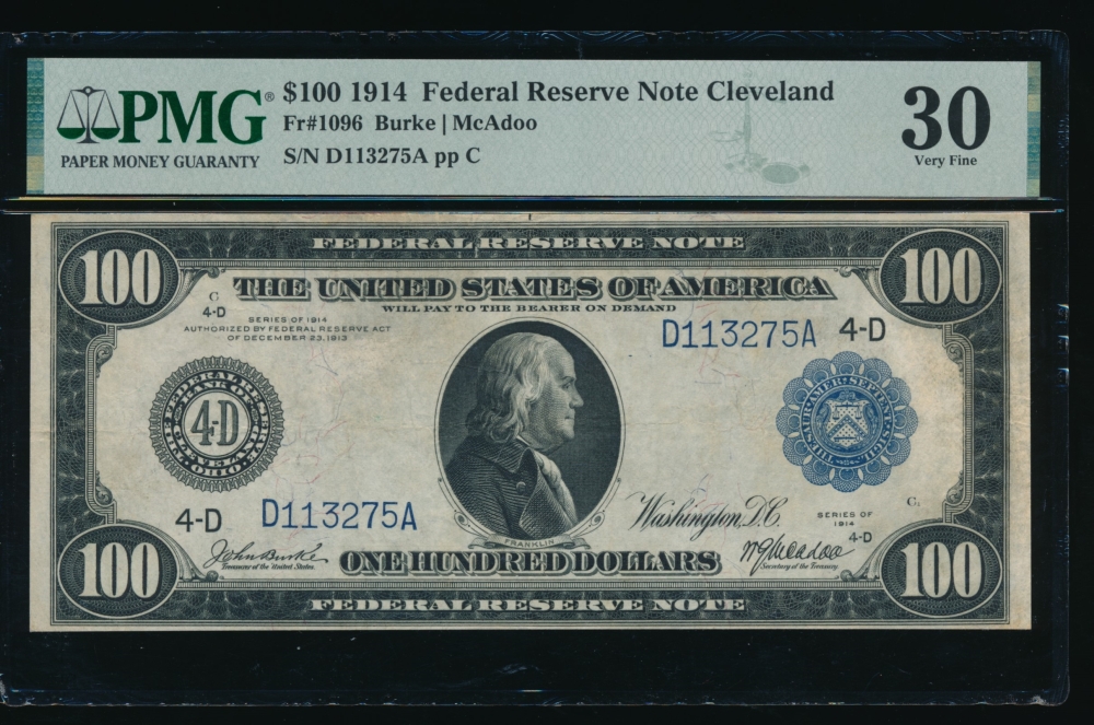 Fr. 1096 1914 $100  Federal Reserve Note Cleveland PMG 30 D113275A