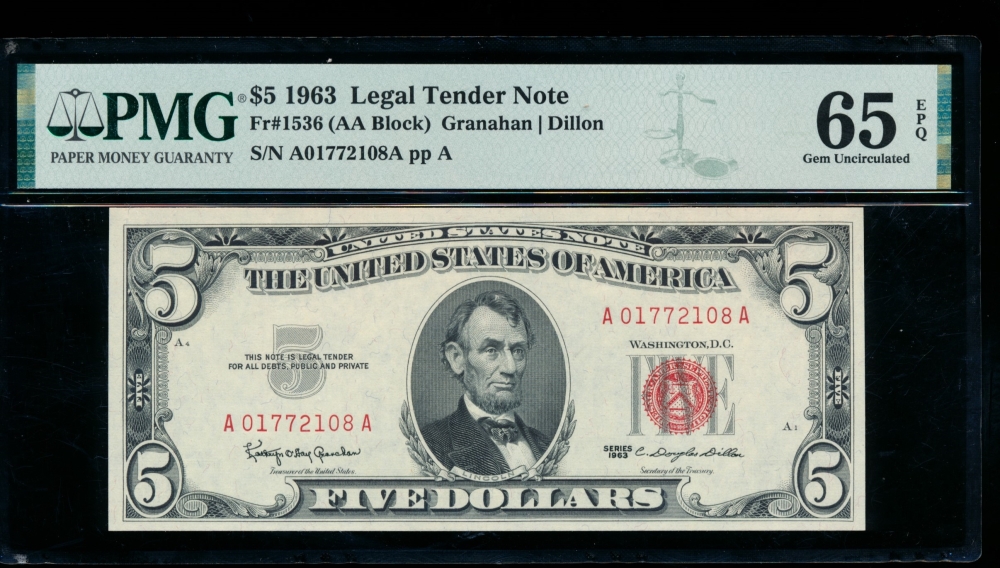 Fr. 1536 1963 $5  Legal Tender AA block PMG 65EPQ A01772108A