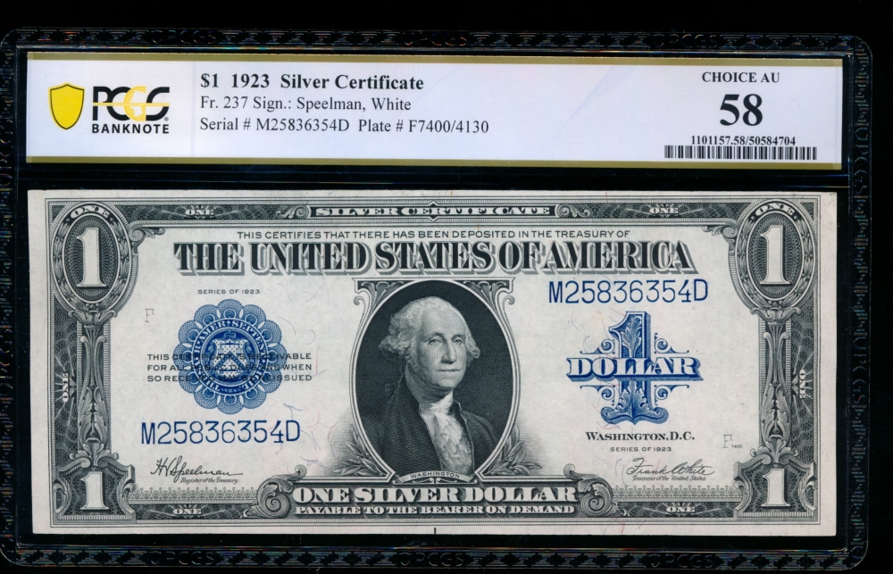 Fr. 237 1923 $1  Silver Certificate MD block PCGS 58 M25836354D