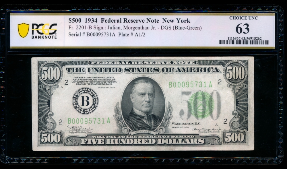 Fr. 2201-B 1934 $500  Federal Reserve Note New York PCGS 63 B00095731A