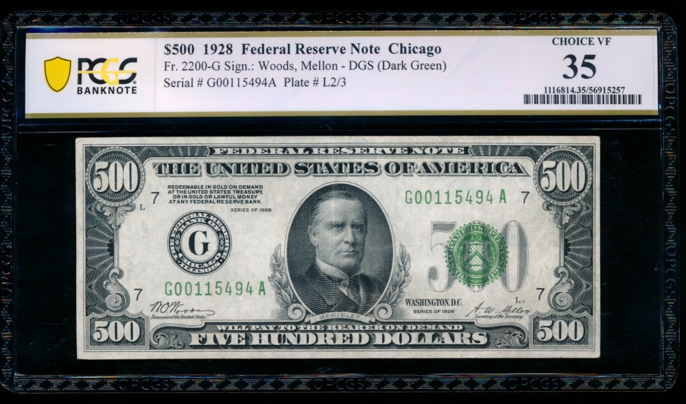 Fr. 2200-G 1928 $500  Federal Reserve Note Chicago PCGS 35 G00115494A
