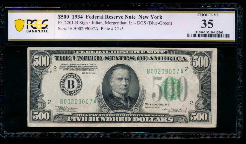 Fr. 2201-B 1934 $500  Federal Reserve Note New York PCGS 35 B00209007A