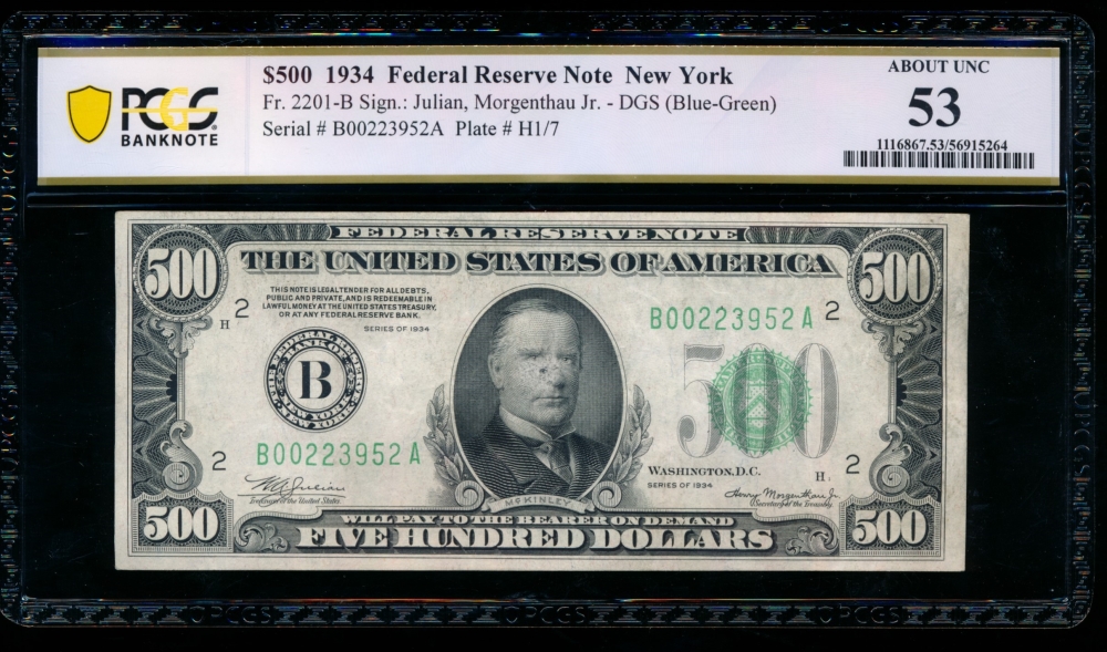 Fr. 2201-B 1934 $500  Federal Reserve Note New York PCGS 53 comment B00223952A